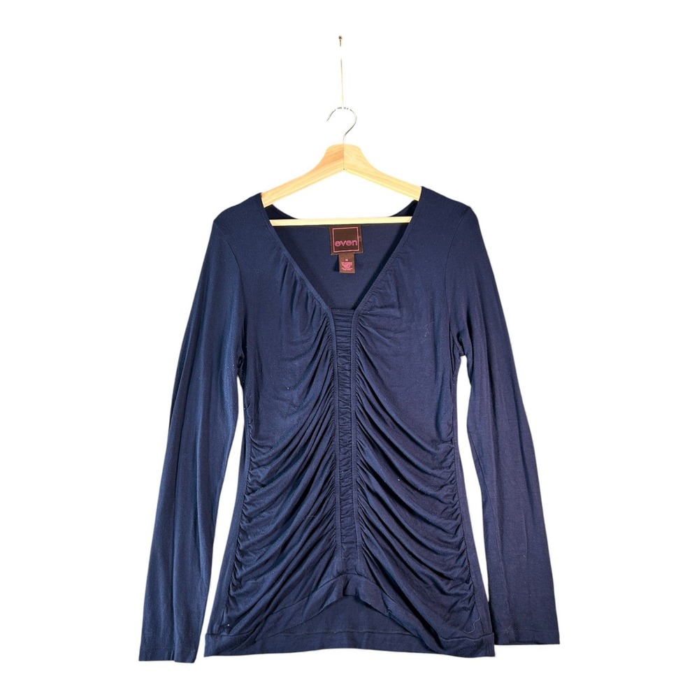 even Womens Navy Blue V Neck Long Sleeve Ruched Front Top‎ Size Medium